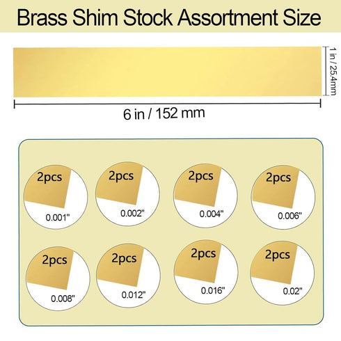 16 Pieces Brass Sheet, Shim Stock Assortment, 6" Length x 1" Width, Various Thicknesses