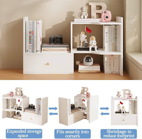 Expandable Wood Desktop Bookshelf, Freestyle Adjustable Display Desk Shelf for Office & Home Storage (White)