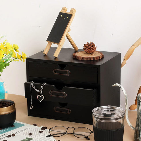 Wooden Storage Box Rustic Desktop Organizer with 3 Drawers, Office Desk Accessories Shelf for Craft Storage