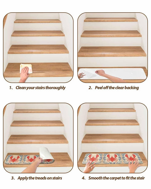 BOHOOSKYLAR 4 8"x30" Marine Life Stair Treads Lobster Shell Coral Ocean Indoor Non Slip Peel and Stick Stair Treads