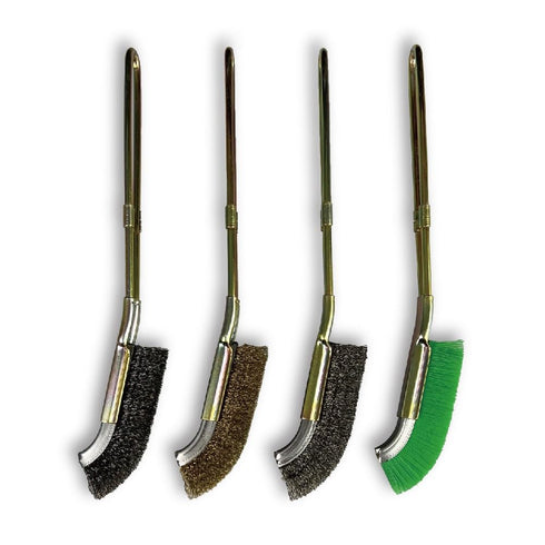J-Type Wire Brush Set, 4pcs, Curved Brush Head, Metal Handle, 4 Types of Bristles for Cleaning Rust/Welding