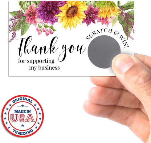 Sunflowers & Dahlias Floral Scratch & Win Package Inserts, 20 Single Sided Insert Cards for Small Businesses