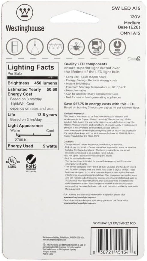 4513400 40-Watt A15 Bulb Westinghouse Lighting Equivalent Soft White LED Light with Medium Base, Single