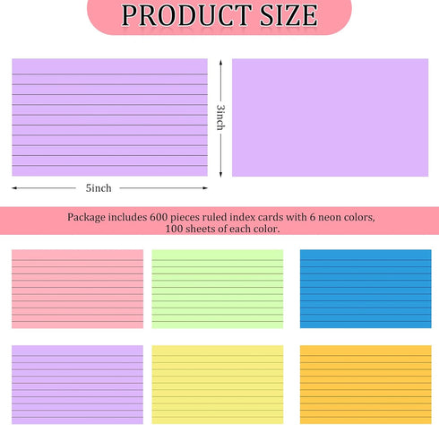 Tecmisse 600 3 5 3x5, Pieces Index Cards Rulded, Colorful Flash Cards x Index Card Bulk,Colored Index Cards Note Cards