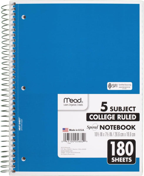 Mead 5 Subject Spiral Notebook, College Ruled, 180 Sheets, 10-1/2" x 8", Color Selected For You, 1 Count