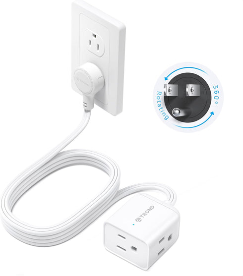 TROND Flat Extension Cord, 6ft with 360 Rotating Plug, Low Profile Power Strip, 3 Way Plug Extension for Indoor