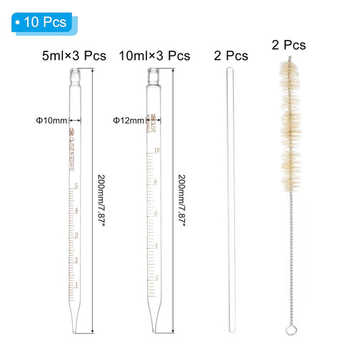 PATIKIL Graduated Dropper Pipettes Kit, 6 Pack 5ml 10ml Borosilicate Glass Pipette with Rubber Squeeze Bulb 2 Brushes and Glass Rods for Transfer Liquid for Lab, Chemistry, Clear
