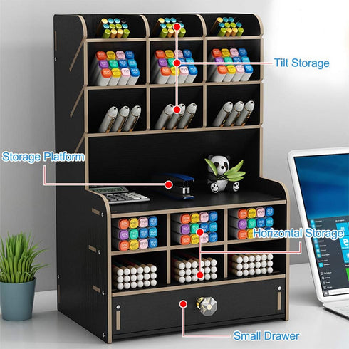 Wooden Desk Organizer with Drawer, Large Capacity DIY Pen Holder Storage Box for Office, Home, School Supplies, Black