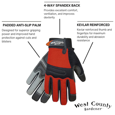 West County 044B/M Women's Landscape Gloves Medium, Brick, Work Gloves w/Neoprene Knuckle, Anti-Slip Palms, Reinforced Thumb & Fingertips