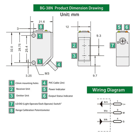 BG-38N 5-350mm,1030VDC,NPN Photoelectric Sensors,Background Suppression Diffuse Photoelectric Sensor,Sensing Distance