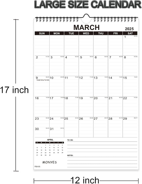 Large Wall Calendar 2025-2026 - 17" x 12" Academic Calendar with Wire Binding & Hanging Hook