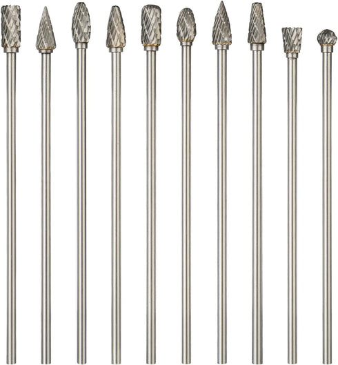 Long Carbide Rotary Burr Set, 10Pcs Double Cut 1/8" Shank for Woodworking, Steel Metal Polishing, Engraving