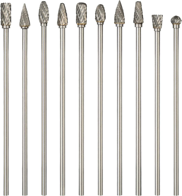Long Carbide Rotary Burr Set, 10Pcs Double Cut 1/8" Shank for Woodworking, Steel Metal Polishing, Engraving