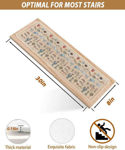 BOHOOSKYLAR 4 8"x30" Marine Life Stair Treads Retro Sea Star Jellyfish Lobster Linen Texture Indoor Non Slip Peel