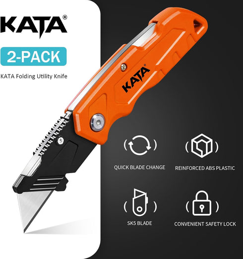 10pcs 2-Pack KATA Folding Box Cutter Knives - Heavy Duty Utility Knife Box Cutters with Extra Razor Blades - Pocket