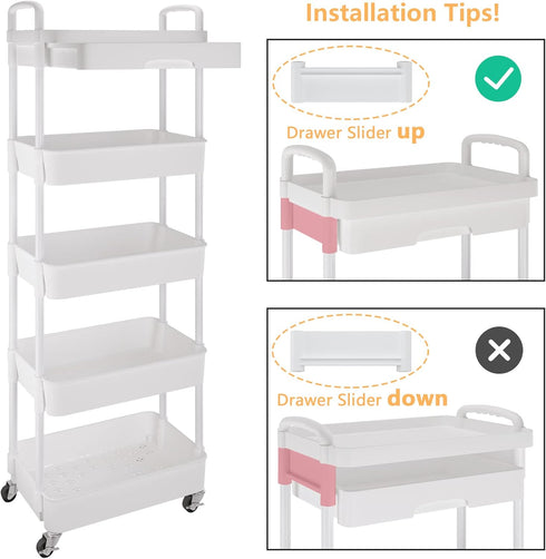 Calmootey 5-Tier Rolling Utility Cart with Drawer, Multifunctional Storage Organizer with Plastic Shelf & Metal Wheels,