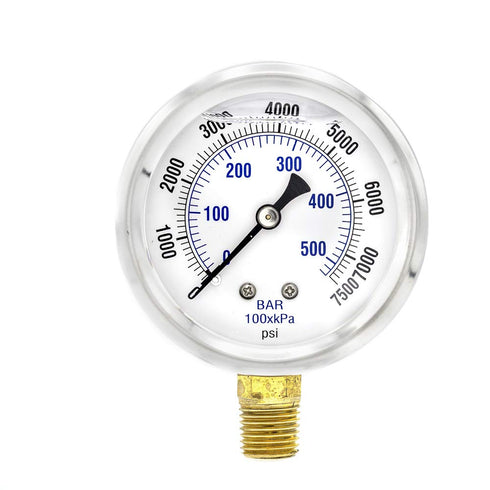 PIC Gauges PRO-201L-254T Bottom Mount Glycerin Filled Dual Scale Pressure Gauge, 2.5" Dial, 0-7500 psi