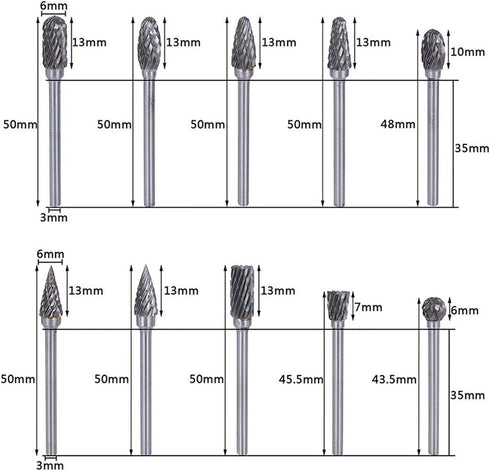 Double Cut Carbide Rotary Burr Set, 10 Pcs, 1/8" Shank, 1/4" Head Length for Woodworking, Drilling, Metal Carving