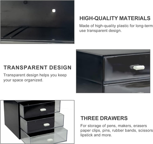 Desk Organizer with Drawer, Plastic Desk Storage Box for Office Stationery Supplies, Desktop Organizer (3 drawer, Black)