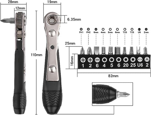 11pc 36-Tooth 1/4 inch Mini Ratchet Wrench Screwdriver Bit Set, High Torque Mini Offset Reversible Drive Handle