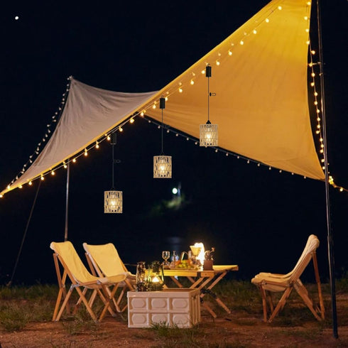 EcoGehen 2 Pack Bulb Battery Operated Pendant Light Outdoor Chandelier for Gazebo Hanging Lamp with LED Rattan Shade