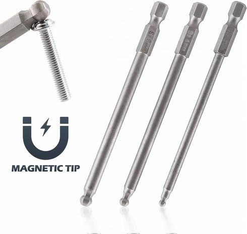 5Pcs Ball End Metric Hex Bit Set, 100 mm/4 Inch Length S2 Steel Magnetic Hex Screwdriver Bits for Power Tools