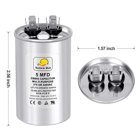 Capacitor for Air Conditioner 5 uf MFD 370 or 440 Volt VAC, Multi-Purpose Round Capacitor