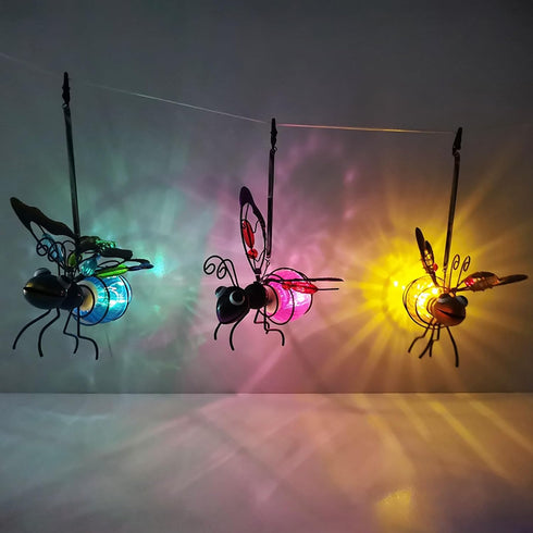 Honeybee Solar Lantern Garden Decor, LED Hanging Solar Dragonfly Decoration, Patio Yard Butterfly Sculptures,