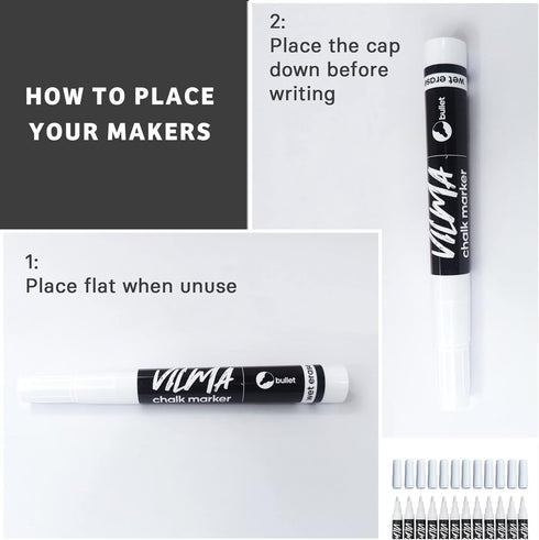 VILMA 12 Pack White Liquid Chalk Markers, Wet Erase Markers for Chalkboard Signs, Windows, and Blackboards