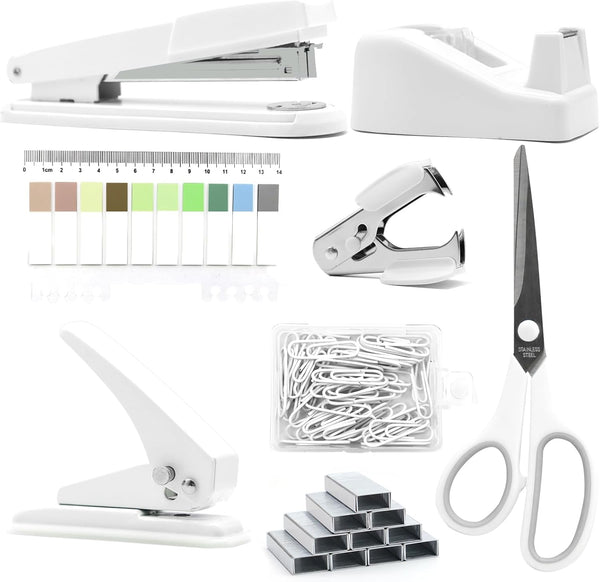 White Desk Accessories Kit, Large Stapler and Tape Dispenser Set, Gift for Students, Women, Coworkers, Boss Lady
