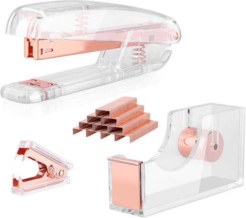 Desk Accessory Kit, Acrylic Stapler Set, Tape Dispenser, Staple Remover with 1000pcs 26/6 Staples, Rose Gold