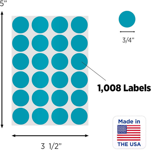ChromaLabel 0.75 Inch Round Label Stickers, Removable Color Code Dot, 1008 Pack, Teal