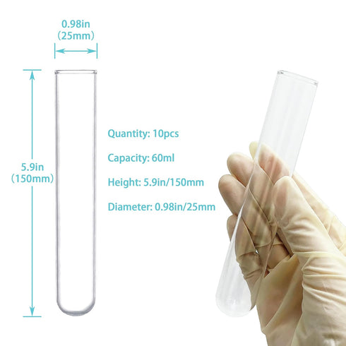 10pcs 60ml Glass Test Tubes, 25x150mm Borosilicate Glass for Scientific Experiments and Decorations