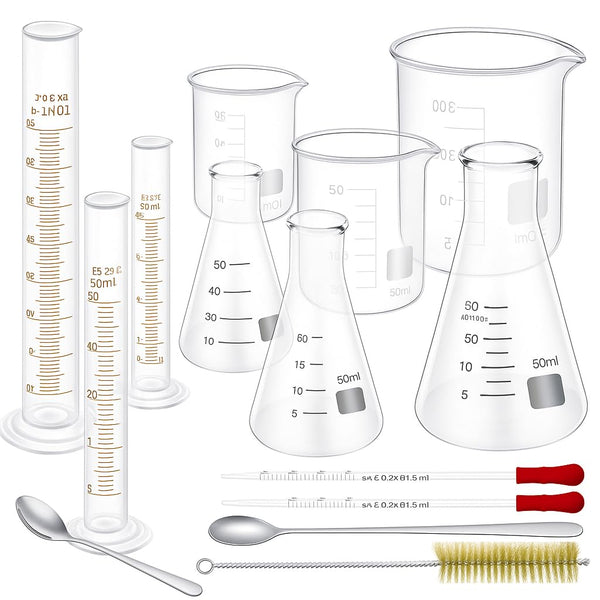 16 Pcs Glass Beaker and Flask Set, Borosilicate Lab Glassware Kit with