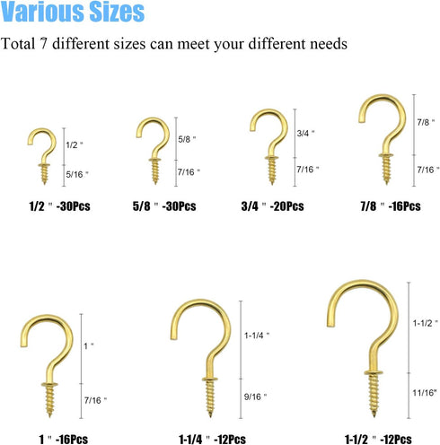 DYWISHKEY Cup Screw Hooks Kit - 136PCS in 7 Sizes, Brass Plated Screw-in Hooks for Home & Office