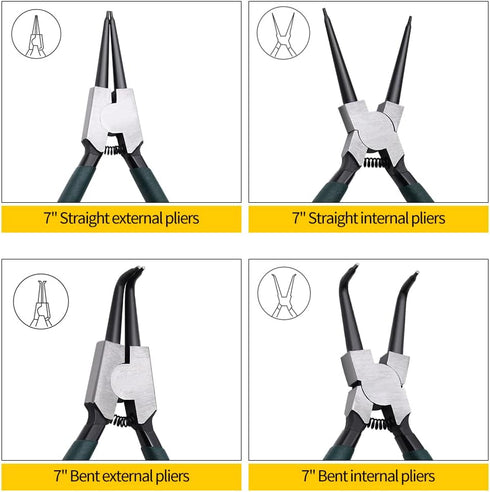 Snap Ring Pliers Set, 2pcs 7" Internal/External Circlip Pliers Kit with Bent Jaw, Heavy Duty Precision Spring Loaded Pliers for Ring Remover Retaining and Remove Hoses, Gaskets