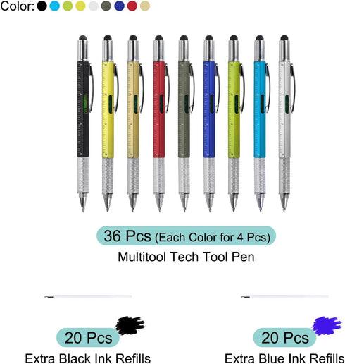 MECCANIXITY 36pcs 6 in 1 Multitool Tech Tool Pen Gifts for Men with Ballpoint Pen, Ruler, Screwdriver, Stylus, Level