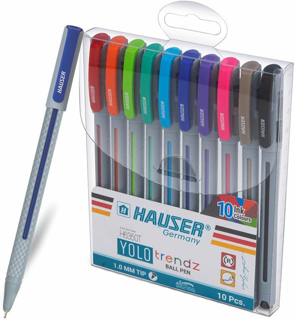 HAUSER YOLO Trendz Ballpoint Pens, 10 Pack, 1.0mm Colorful Pens for Note-Taking and School Supplies