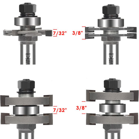 Set 1/2 Inch 7/32" 3/8" Pro Adjustable Tongue and Groove Router Bit Shank, T Shape Wood Milling Router Bit for Match
