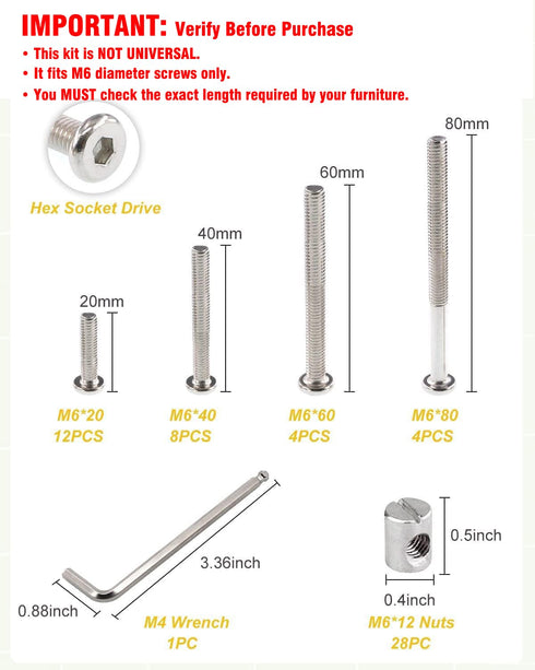 ALLWIN 28 Set M6x20/40/60/80mm M6x12mm Crib Screws Bolts Hardware Replacement Kit, Hex Bolts & Barrel Nuts with Wrench