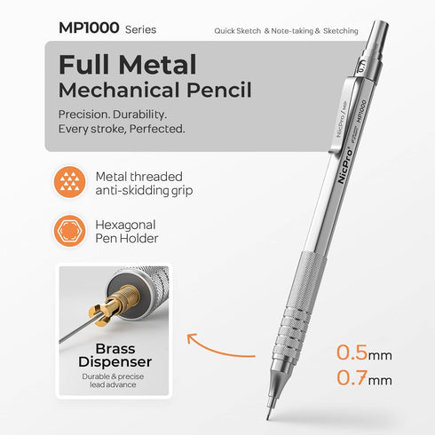 Nicpro 2 PCS Mechanical Pencil 0.5mm & 0.7mm with Case - MP1000 Metal Artist Pencil Set with Lead Refills and Erasers