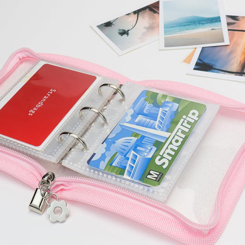Mini Kpop Binder, Business Card Holder, Photocard Collector, 3-Ring Pink Zipper Clear PVC Cover