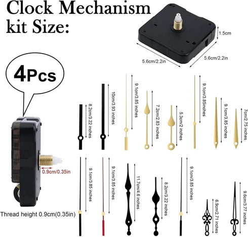 4Pcs Quartz Clock Mechanism Kit, Wall Clock Mechanisms Mattery Powered Replacement, Clock Movement Parts Motor Replacement DIY Repair Parts with 5 Set Hands (No Battery)