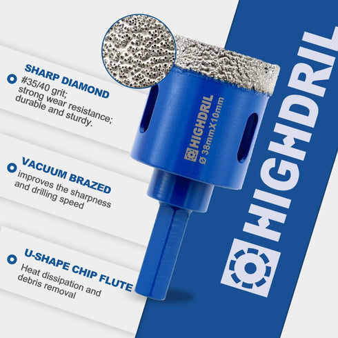 HIGHDRIL Dry Diamond Tile Drill Bit, 1-9/50" (30mm) Diameter, Hex Shank for Porcelain Ceramic Granite Marble