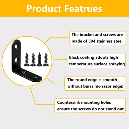 16Pcs 1.6x1.6 Inch 90 Black Stainless Steel L Bracket Corner Braces Metal Shelf Support, Degree Joint Right Angle
