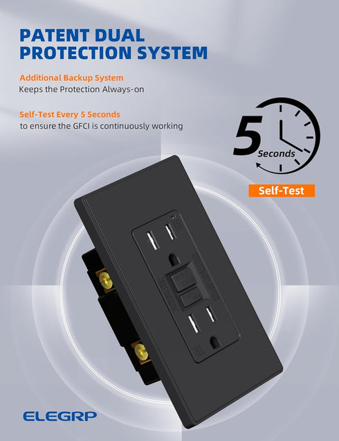 ELEGRP GFCI Outlet 15 Amp - Self-Test GFI Electrical Outlet with Thinner Design, TR Tamper Resistant Receptacle, Wall
