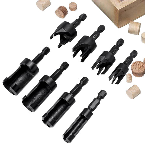Yakamoz 8Pcs Wood Plug Cutter Set, 1/4 Inch Hex Shank Straight and Tapered Wood Hole Plug Cutters Cork Drill Bits Cutting Tool 5/8" 1/2" 3/8" 1/4"
