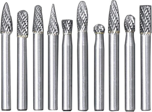 10pc Tungsten Carbide Burr Set, 1/4" Shank Double Cut Rotary Cutting Bits for Woodworking