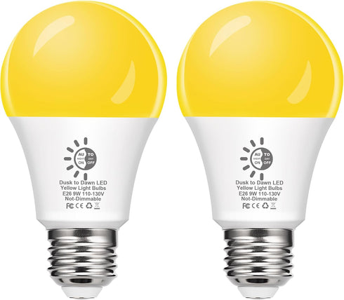 Bulbs 60W Bulb 9W 2000K A19 2 Pack Flaspar Dusk to Dawn LED Yellow Bug Light Outdoor Equivalent, Amber Yellow Bug Light
