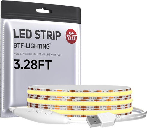 BTF-LIGHTING FCOB COB FOB LED Strip Lights 5V USB Powered 3.28FT 320LEDs